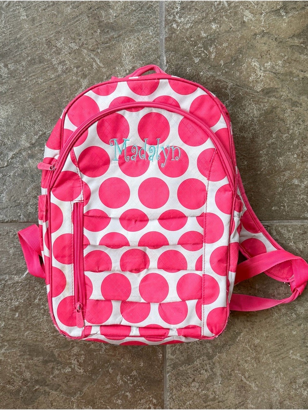 Thirty-One Her Deluxe Backpack Mod Coral Pink Polka Dot Bookbag Monogram Madalyn